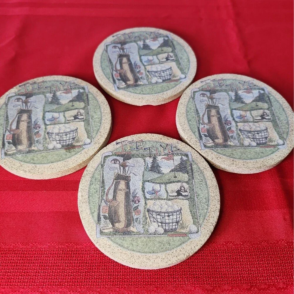 4 Vintage Thirstystone Absorbent Sandstone Coasters Cork Backing Tee Off Golf